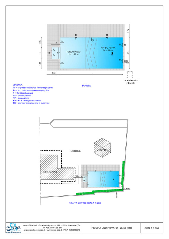 Piscina interrata isoblock, forma classica, battuto in piastrelle. Progetto Acqua SPA