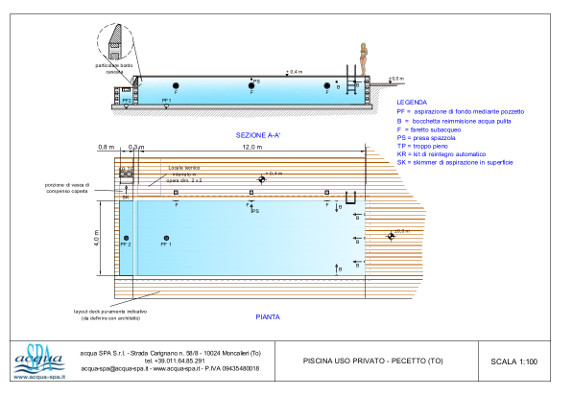 Piscina interrata isoblok, forma classica, fondo piano, scala inox, idromassaggio e deck. Piscina in Pecetto, realizzata da Acqua SPA