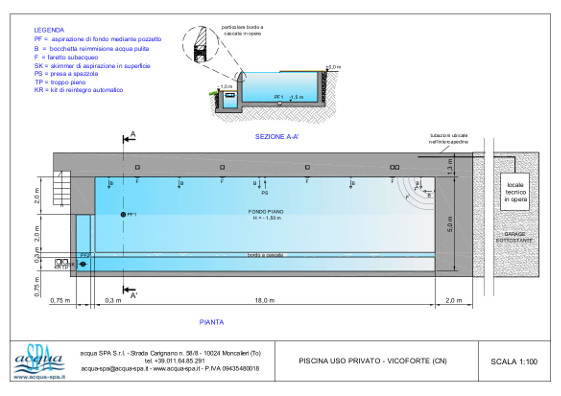 piscina interrata isoblok, forma classica, cascata indfinity. Piscina progettata e realizzata da Acqua SPA a Vicoforte