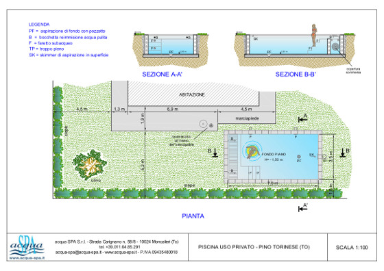 piscina interrata isoblok, forma classica, copertura con tapparella sommersa a carabottino, scala laterale. Realizzata a Pino Torinese da Acqua SPA