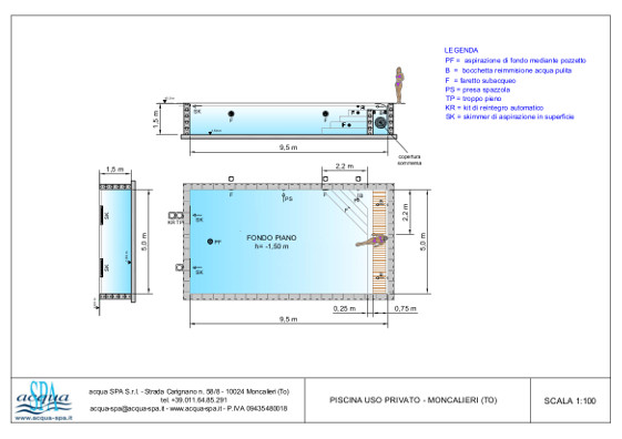 piscina interrata isoblok, forma classica, fondo piano, copertura a ttaparella sommersa, locale tecnico in opera. Realizzazione a Moncalieri di Acqua SPA