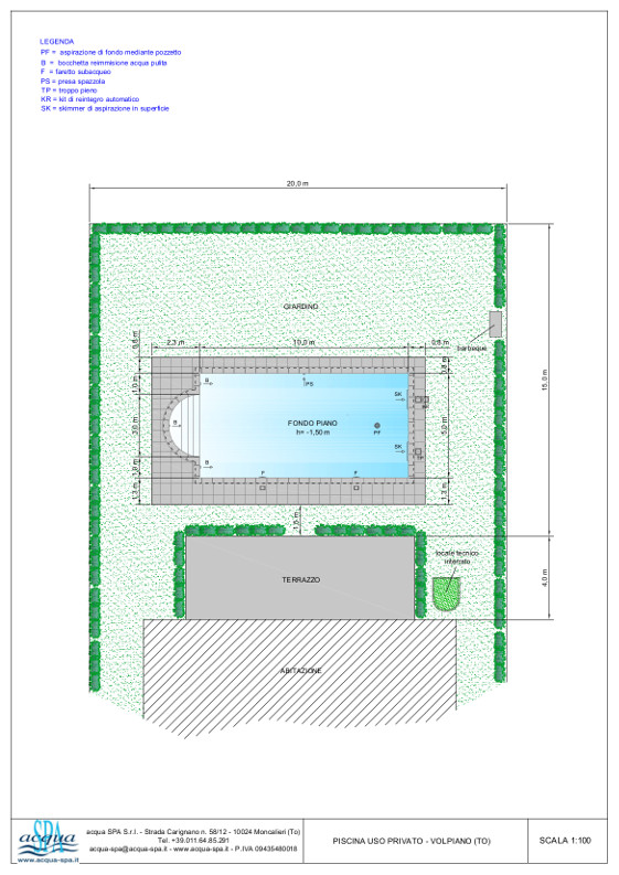 piscina interrata isoblok, forma relax, fondo piano, scala romana. Locale tecnico comodo. Costruzione Acqua SPA a Volpiano