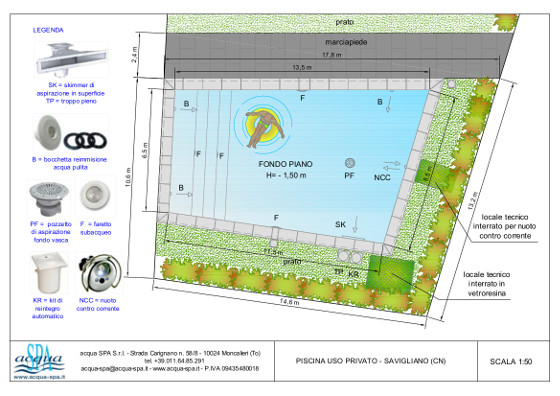 piscina interrata isoblok, con scala tropezienne e nuoto contro corrente. Progetto e realizzazione piscina Acqua SPA. Costruita a Savigliano