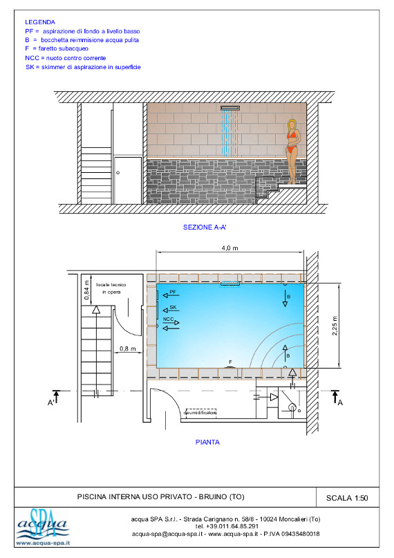 Piscina interna isoblock, riscaldata, con cascata cervicale. Progetto Acqua SPA