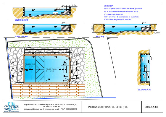 Piscina interrata in cemento armato, modello monaco, fondo piano con area relax interna. Progetto Acqua SPA, realizzato in Valle di Lanzo, Torino