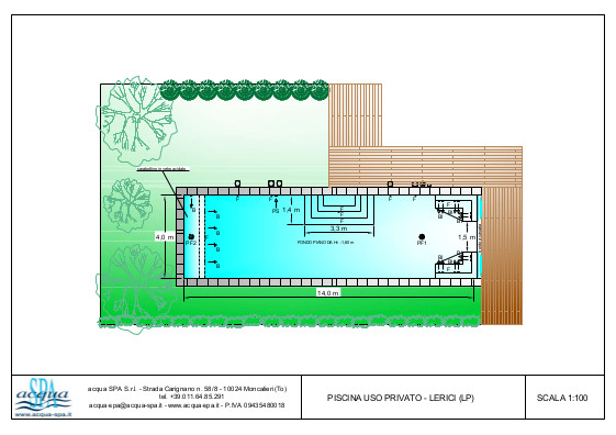 Piscina interrata isoblok, bordo a cascata, fondo piano, scala interna, idro deck. Realizzata e progettata da Acqua SPA. Piscina costruita a Lerici