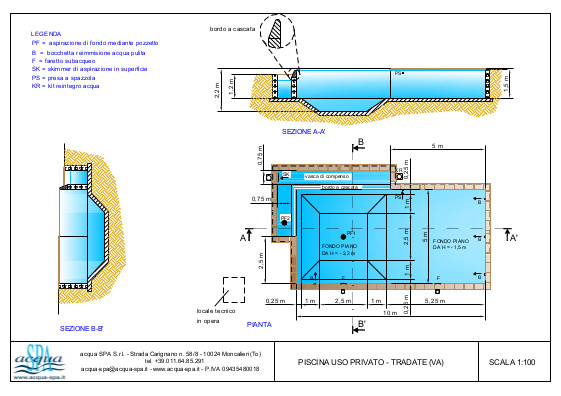 Piscina interrata isoblock, forma classica, cascata infinity, scala ad angolo e fossa tuffi. Progetto Acqua SPA