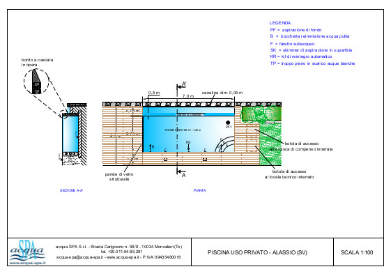 Piscina interrata isoblock, forma classica, cascata infinity con parete di vetro. Bordo in legno di teck, scala interna. Progetto Acqua SPA per piscina realizzata ad Alassio