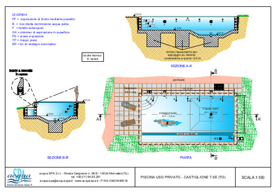 Piscina interrata isoblok, forma classica, cascata infinity, scala interna, fossa tuffi. Progetto Acqua SPA