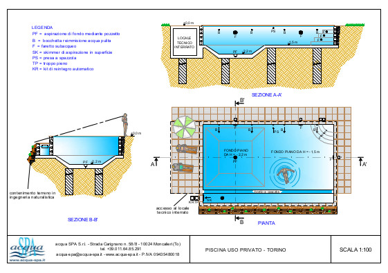 Piscina interrata isoblok, forma classica, bordo a cascata, scala ad angolo e fossa tuffi. Progetto Acqua SPA