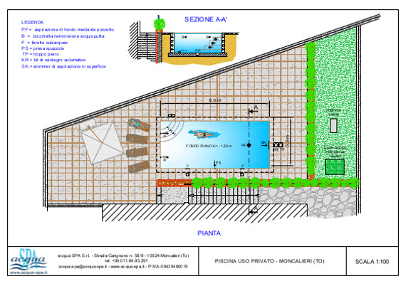 Piscina interrata isoblok, forma classica, fondo piano, scala interma, locae tecnico. Progetto e realizzazione Acqua SPA. Piscina costruita a Torino