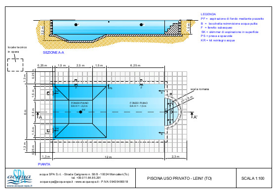 Piscina interrata isoblok, forma relax, fossa tuffi a tronco di piramide, scala romana. Progetto Acqua SPA, piscina costruita a Leini Torino