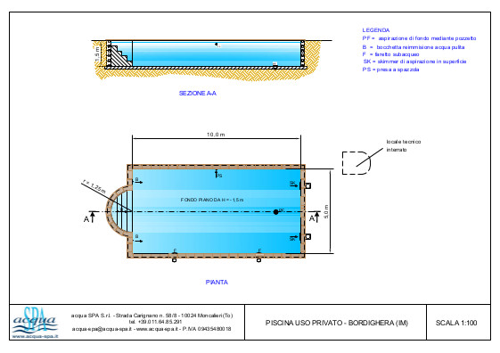 Piscina interrata isoblock, forma relax, scala romana, locale tecnico. Progetto Acqua SPA