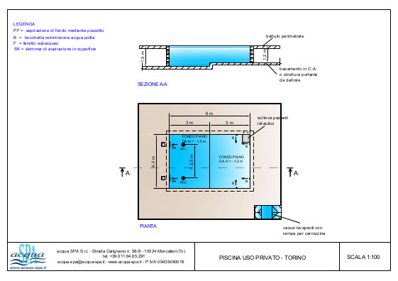 Piscina interrata per iabilitazione, forma classica con fondo piano. Munita di sollevatore per carrozzina disabili. Piscina progettata e realizzata da Acqua SPA