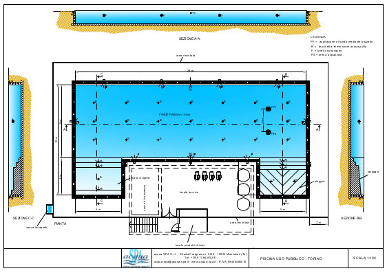 Piscina interrata ad uso pubblivo. bordo a sfioro e spiaggia. Progetto Acqua SPA. Piscina costrutia a Torino