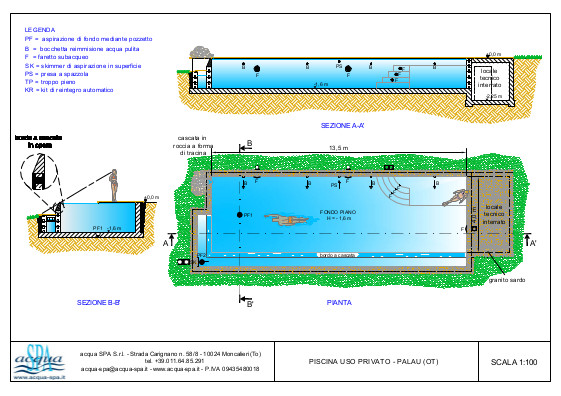 Piscina interrata isoblok, forma classica, cascata infinity, con scala e spiaggia. Progetto Acqua SPA per piscina costruita a Palau