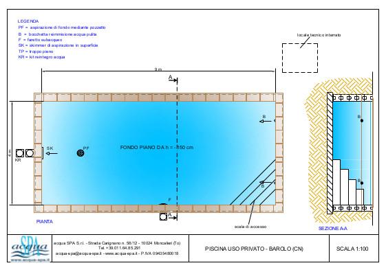 Piscina interrata isoblok, fondo piano, scal interna ad angolo. Progetto Acqua SPA piscina costruita a Barolo - Cuneo